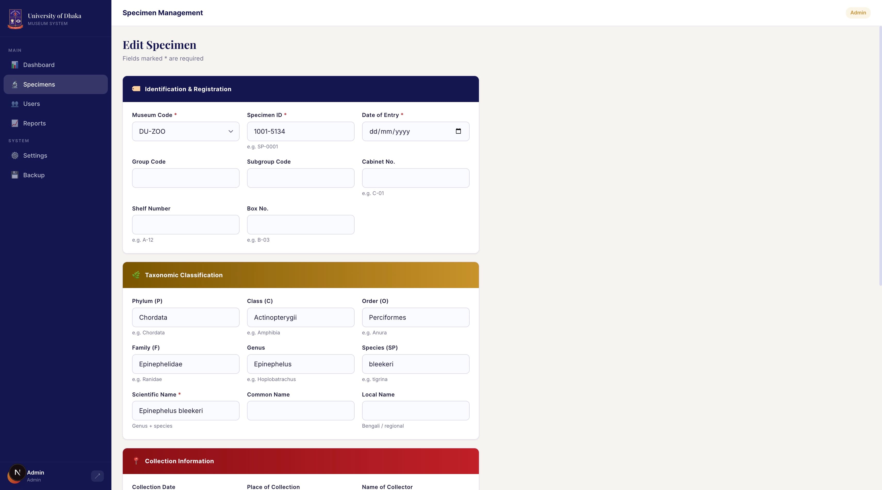 Specimen taxonomy edit form