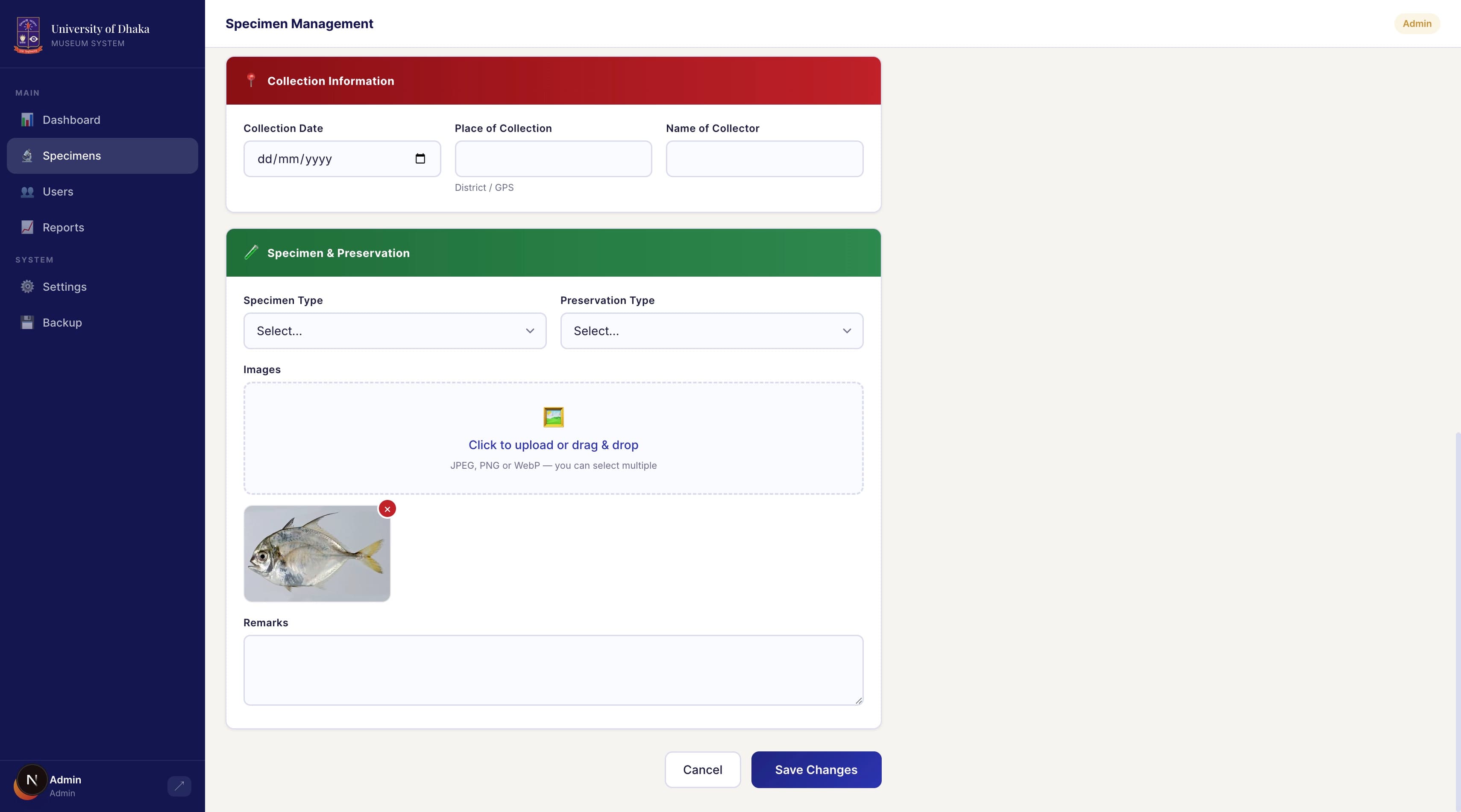 Specimen image upload flow