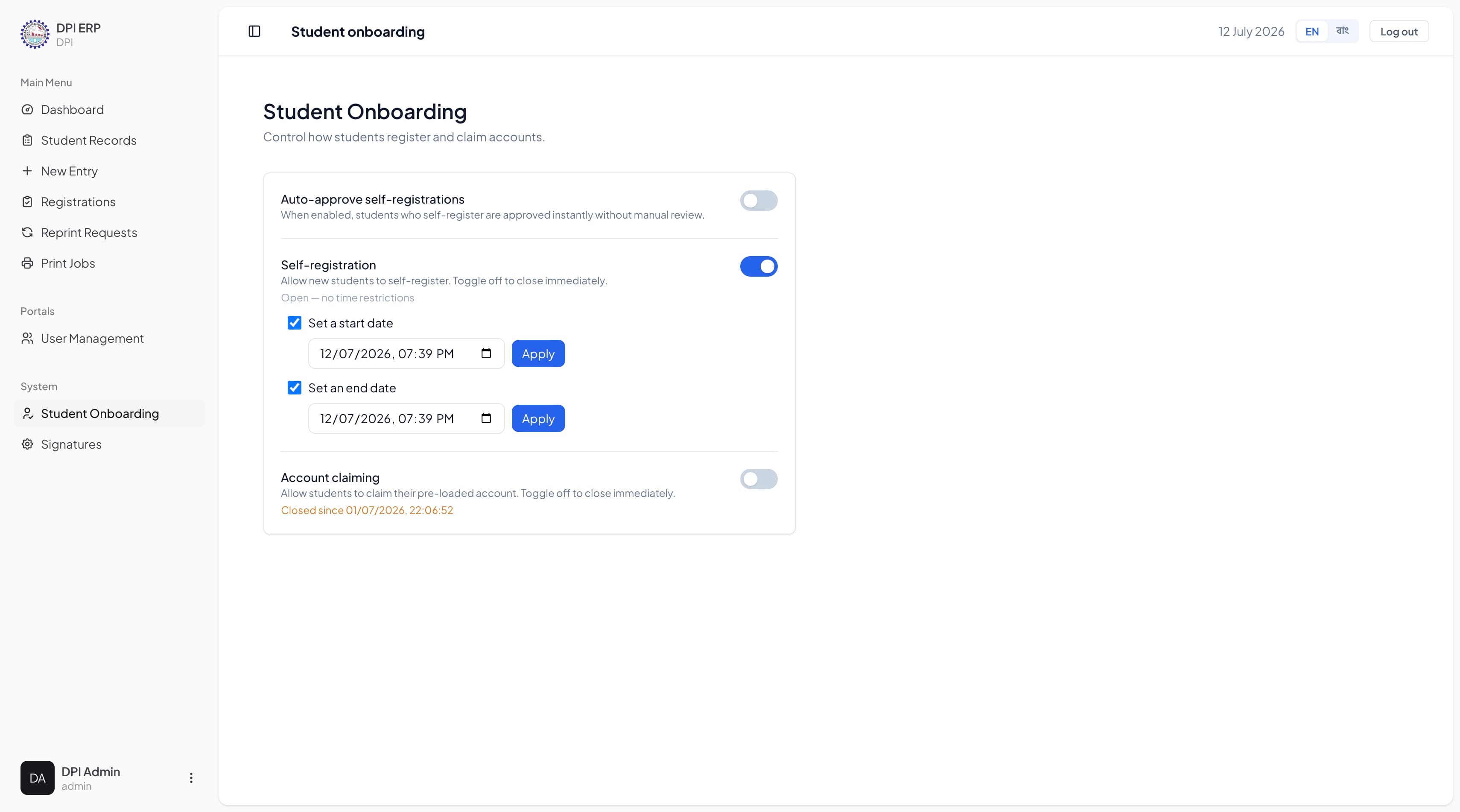 Student onboarding flow