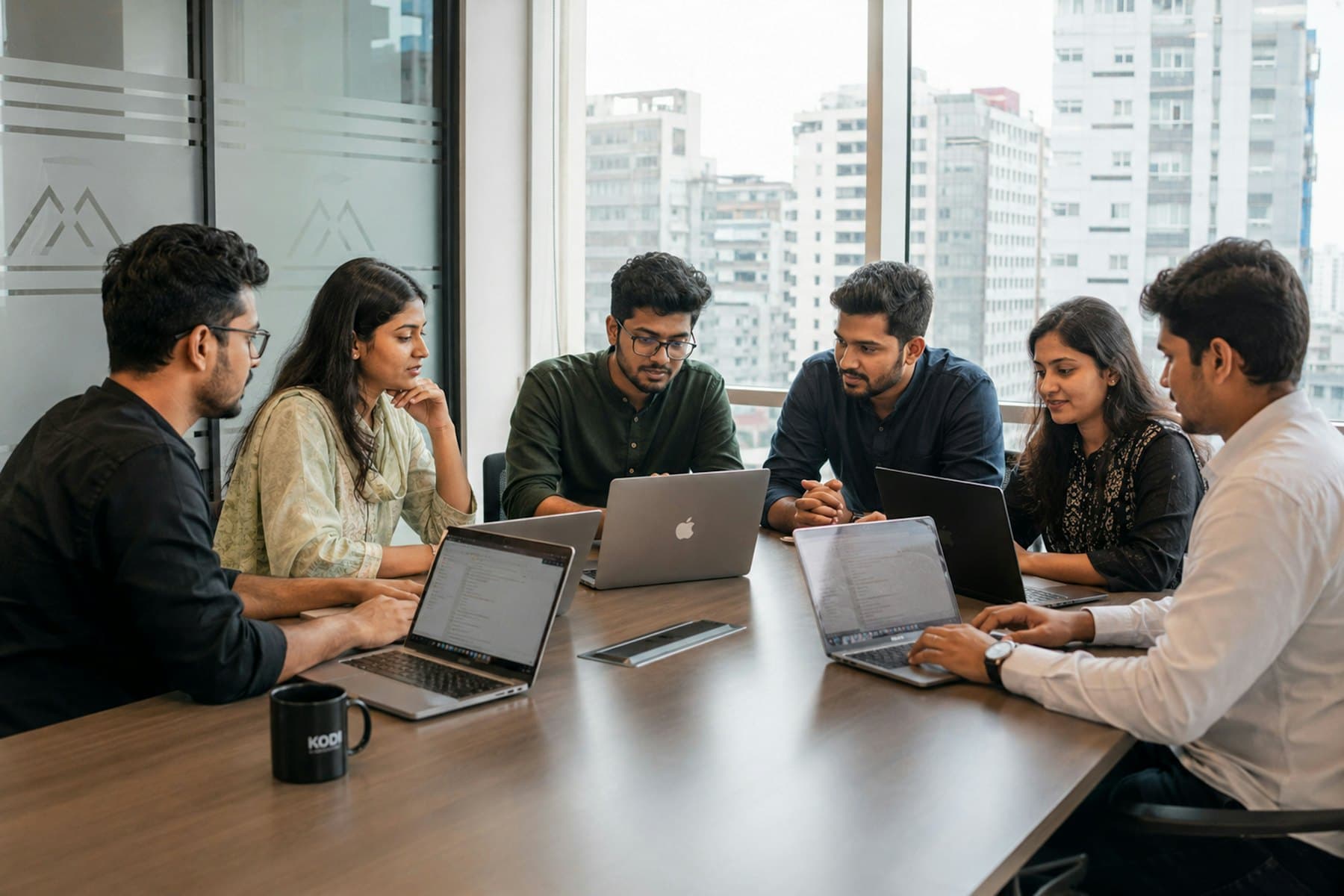 A team in a Dhaka office planning around laptops